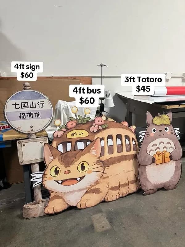 Totoro cutouts with size and price notes